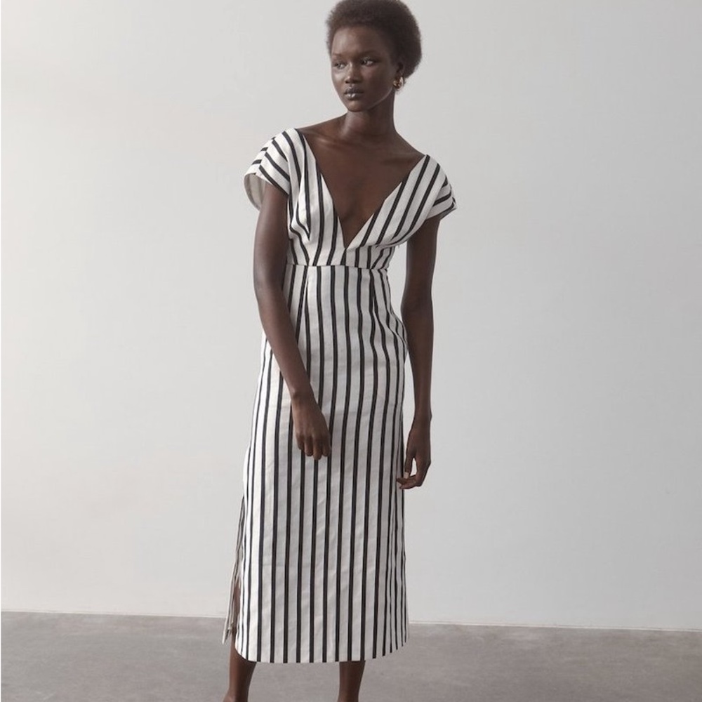 St. Agni Black and White Striped Midi “Origami” Dress